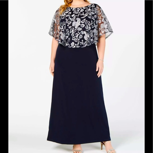 Formal Dress Plus Sz 14 14W 16W 18W 20W Connected Navy Maxi Floral Overlay Cape - Picture 1 of 8